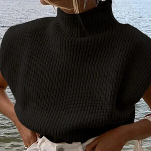 Black Casual Women's Stand Collar Dolman Sleeve Loose Knit Sweater